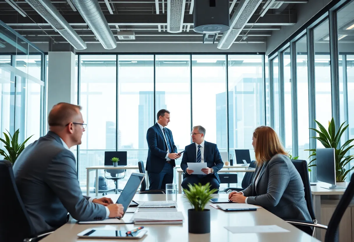 Professionals collaborating in a financial office setting