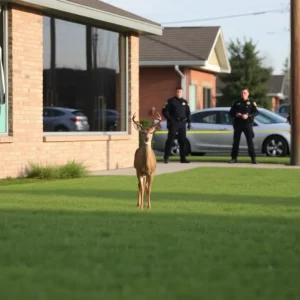 Deer inside a business with broken window and police officers outside