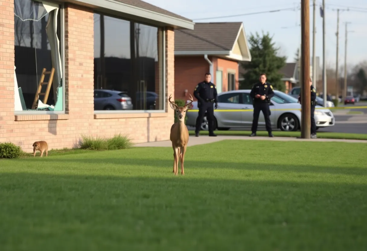 Deer inside a business with broken window and police officers outside