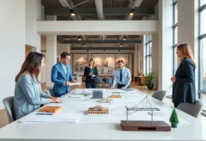 Meeting room showcasing design plans for hospitality projects