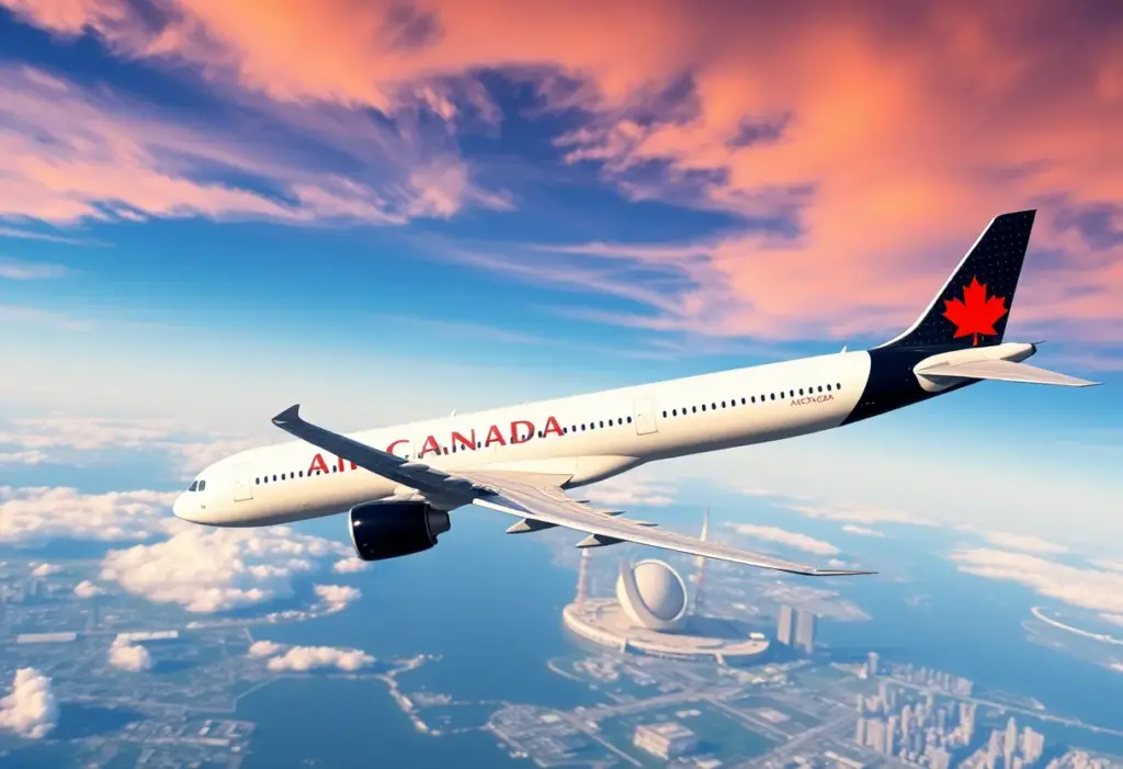 Air Canada airplane flying over a scenic North American landscape