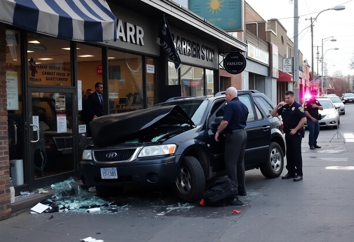 Scene of a vehicle crash into the Black Cat Barbershop in Cleveland.