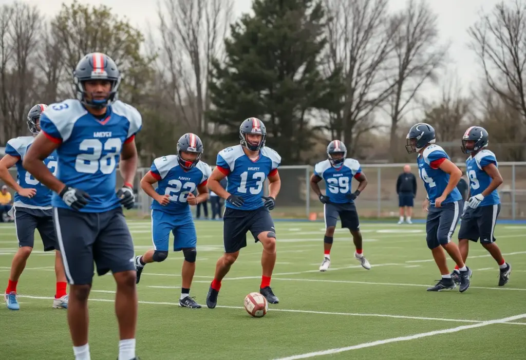 Football players training on the field