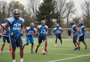 Football players training on the field