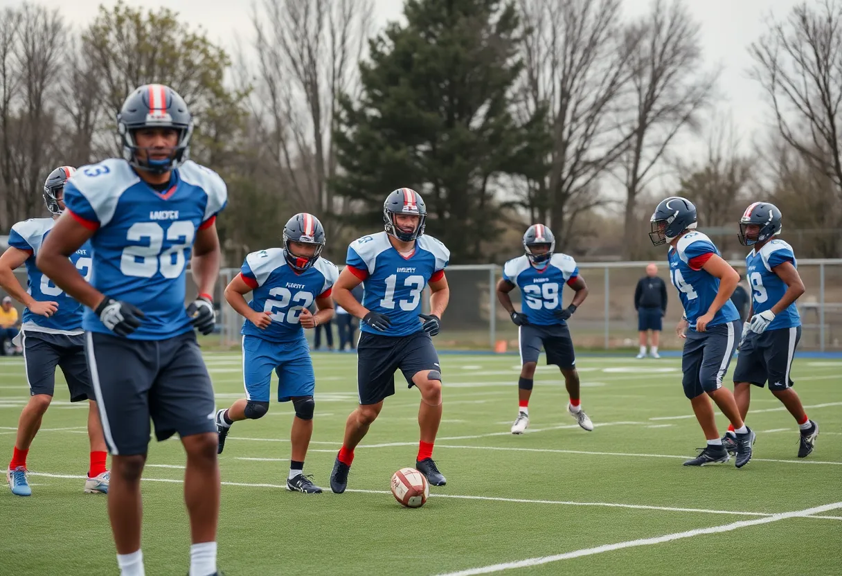 Football players training on the field