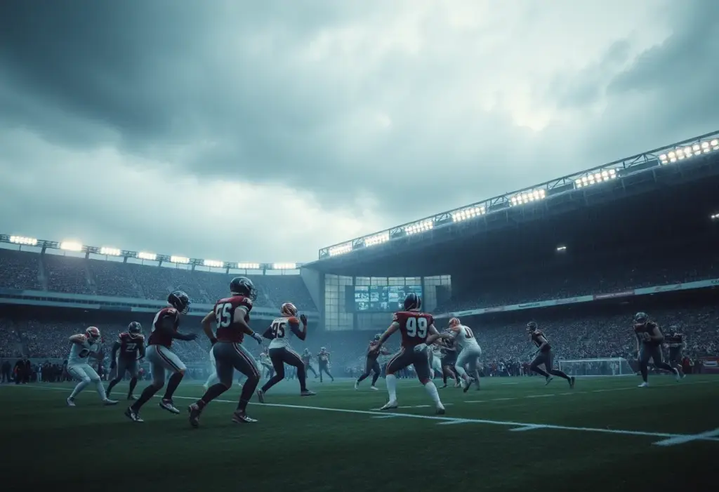 Cleveland Browns and Miami Dolphins players in action during a rainy football game