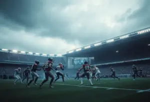 Cleveland Browns and Miami Dolphins players in action during a rainy football game