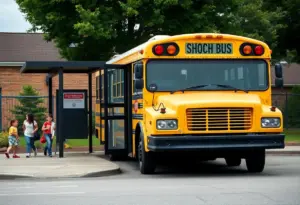 Empty school bus at a bus stop with children walking.