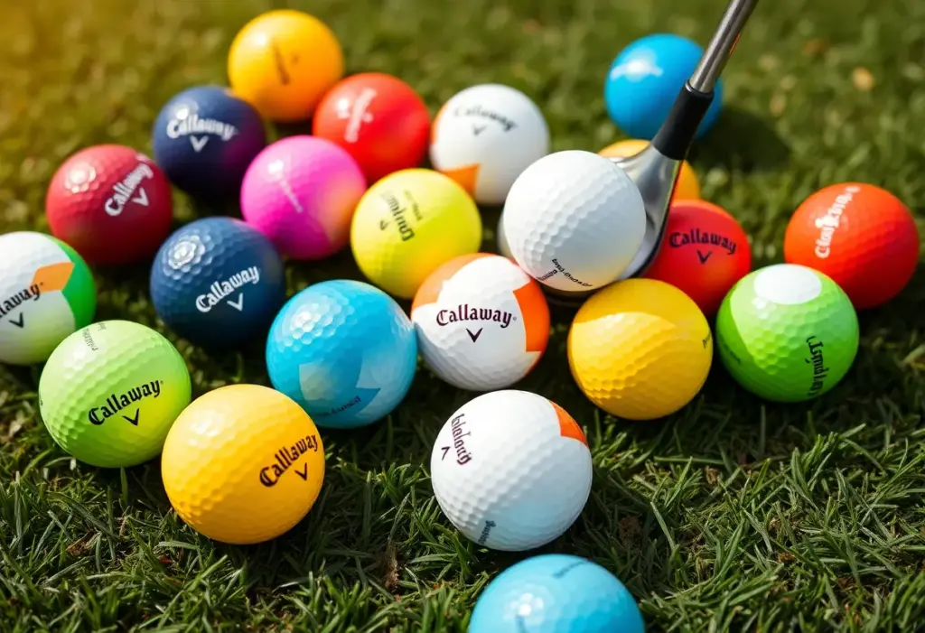 Various Callaway Supersoft golf balls displayed on grass.