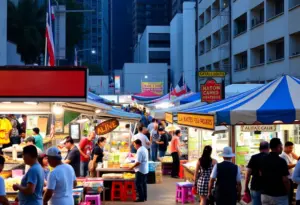 A lively scene at CentroVilla25 showcasing various Latino food stalls and vendors.