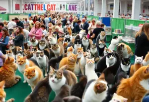 Overview of the CFA International Cat Show with multiple cat breeds