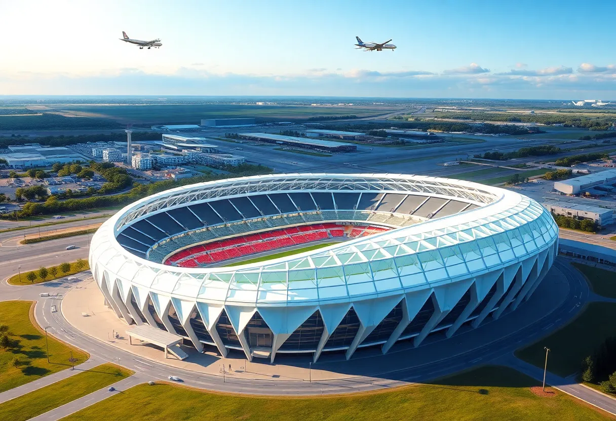 Render of the proposed Cleveland Browns stadium next to Cleveland Hopkins International Airport