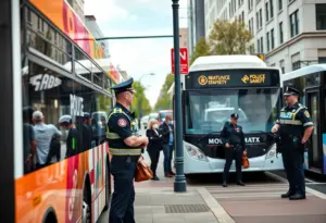 Cleveland bus stop with community members and police presence