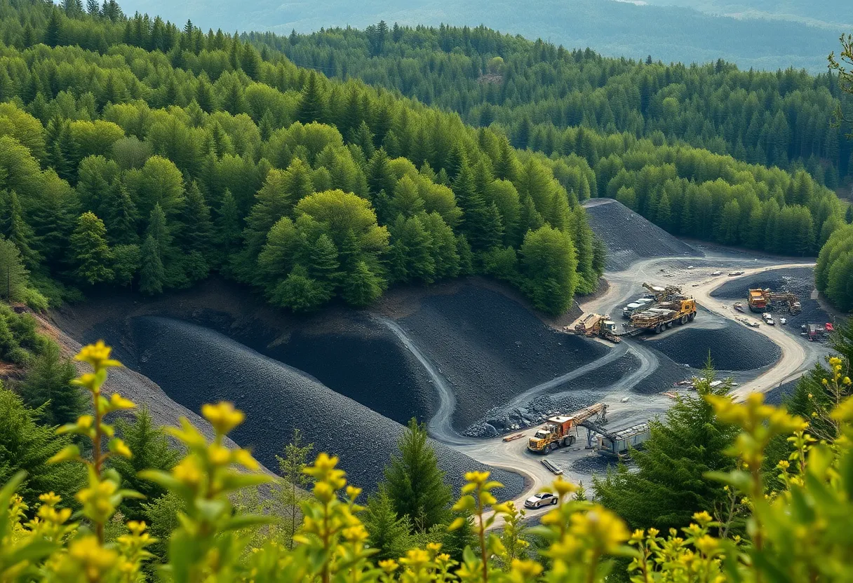 Rare earth mining site with advanced technology and green landscape
