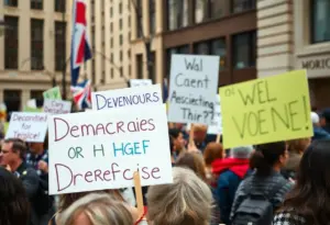 Participants holding signs at the Cleveland democracy rally