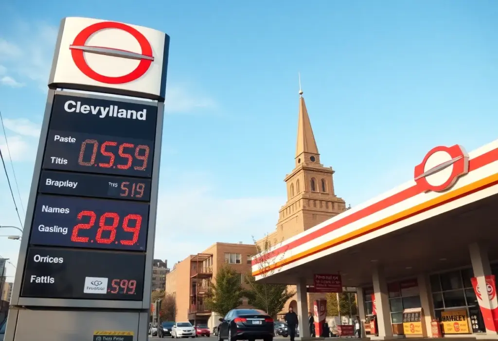 Gas station in Cleveland showing reduced gas prices on display.