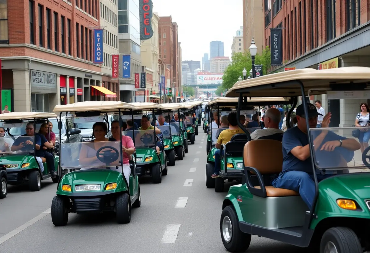 Golf carts driving in downtown Cleveland, showcasing the new transportation initiative.