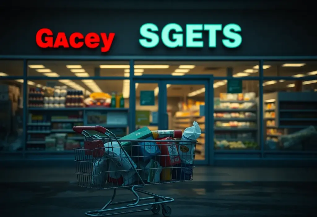 Exterior view of a grocery store with a shopping cart in front