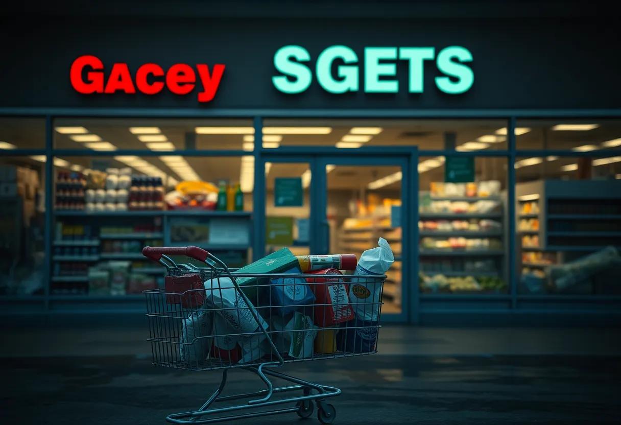 Exterior view of a grocery store with a shopping cart in front