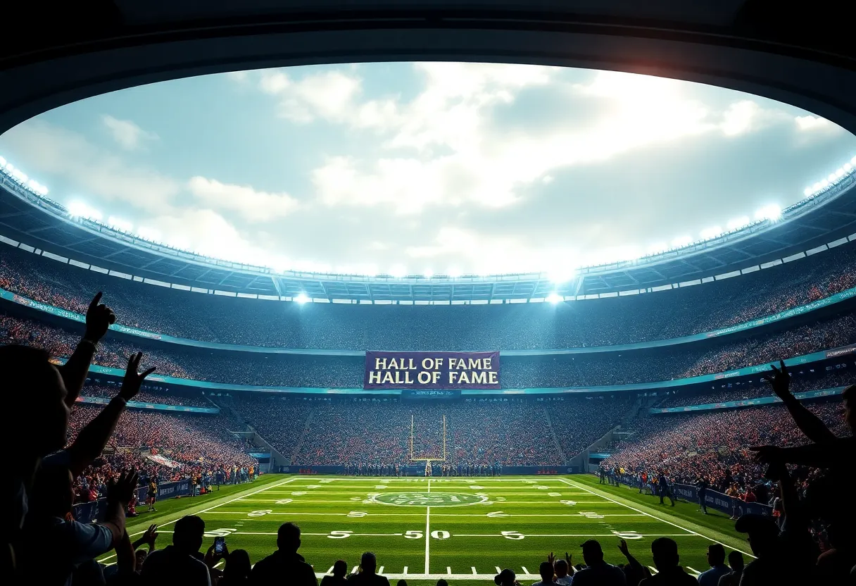 Cleveland Hall of Fame nominees gathering at a football stadium