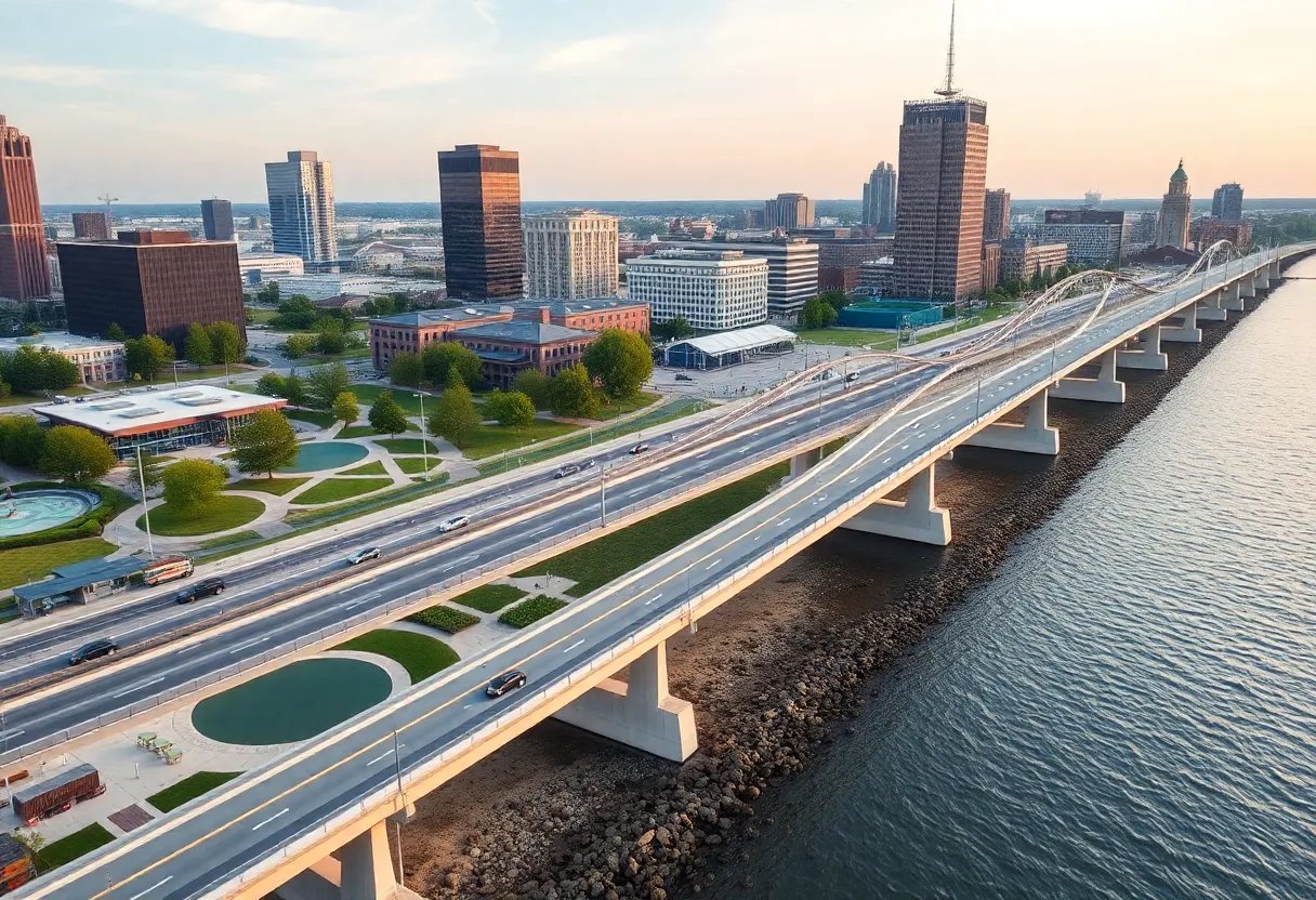 Rendering of Cleveland's lakefront development project with land bridge