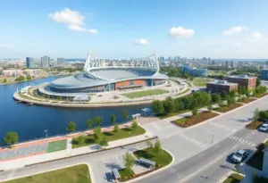 Rendering of the Cleveland lakefront redevelopment with a new stadium.