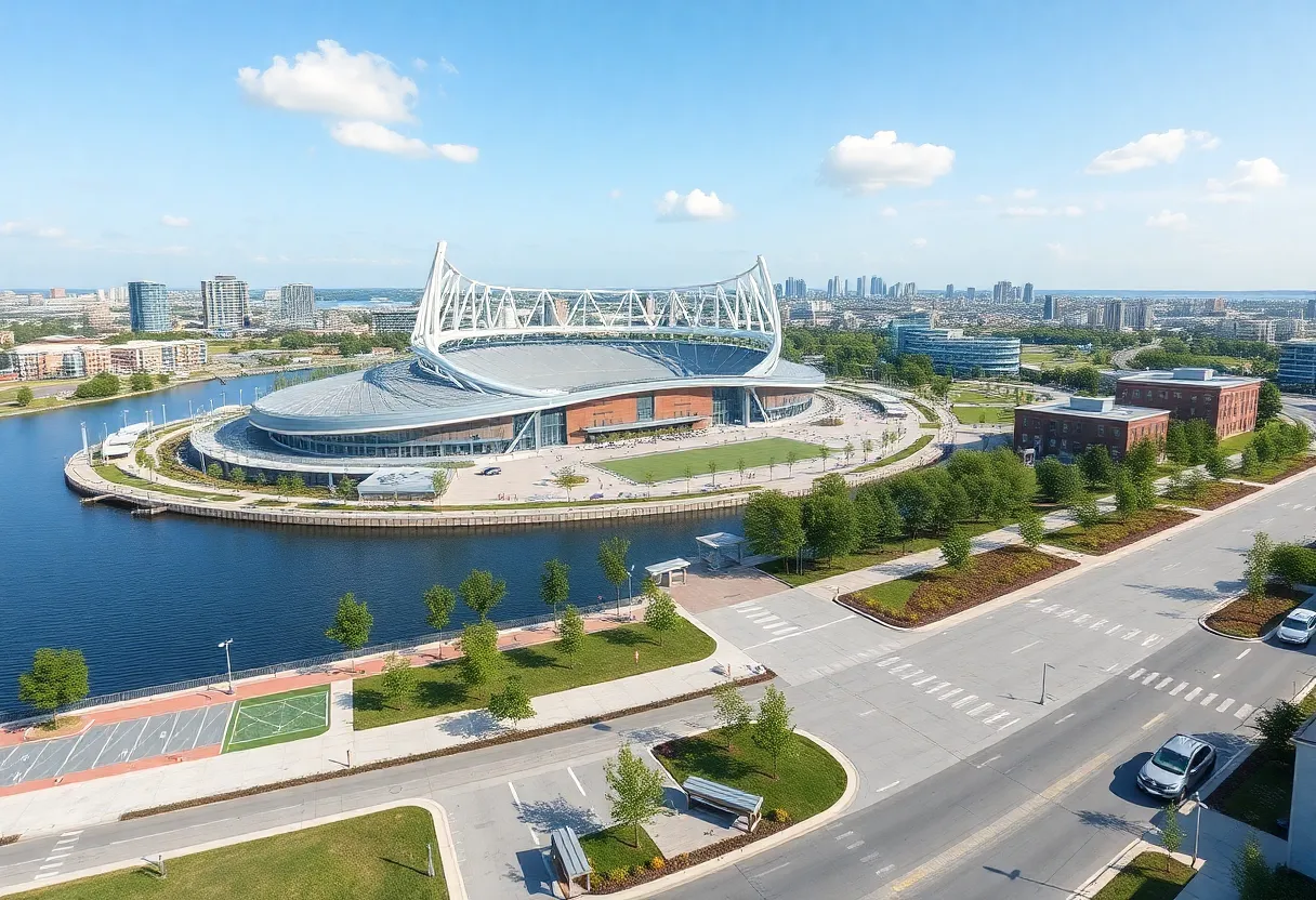 Rendering of the Cleveland lakefront redevelopment with a new stadium.