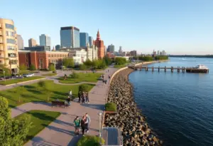 A picturesque view of the revitalized Cleveland lakefront area.
