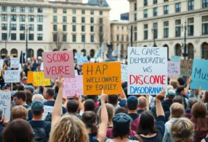 Protesters at the Cleveland No Kings rally holding signs for equality and democracy.