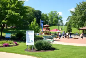 Cleveland public park featuring recreational facilities and a sponsorship sign
