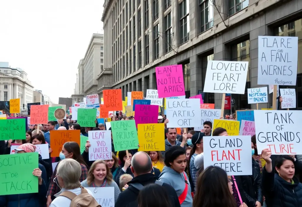 Large group of protesters in downtown Cleveland demonstrating for democracy.