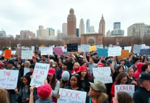 Crowd protesting in downtown Cleveland against Trump's policies.