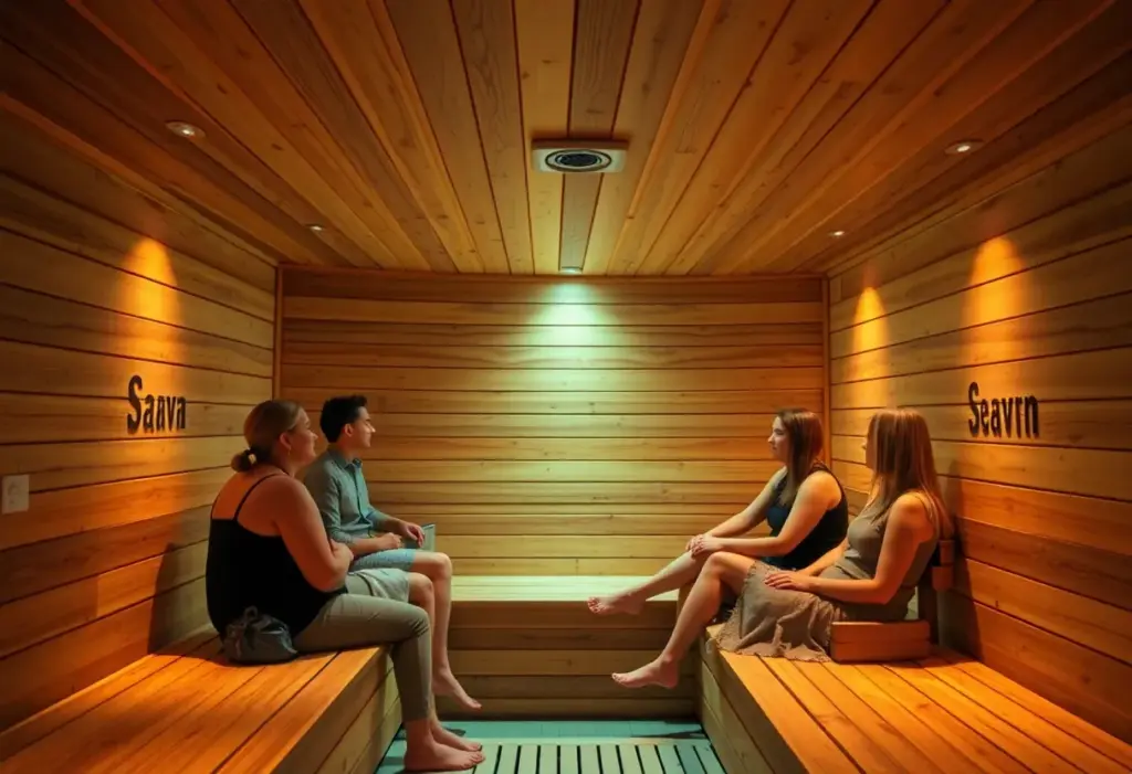 Professionals networking in a sauna