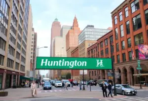 Aerial view of Cleveland skyline featuring Huntington Bank branches
