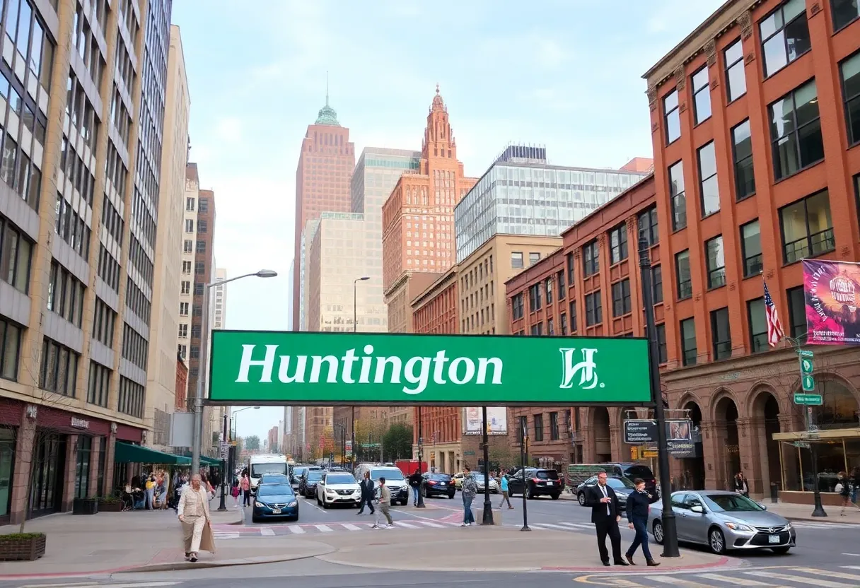Aerial view of Cleveland skyline featuring Huntington Bank branches
