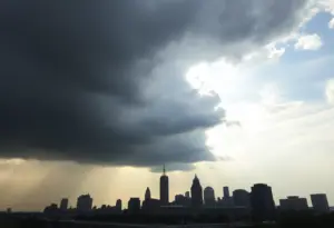 Cleveland skyline with storm clouds gathering overhead
