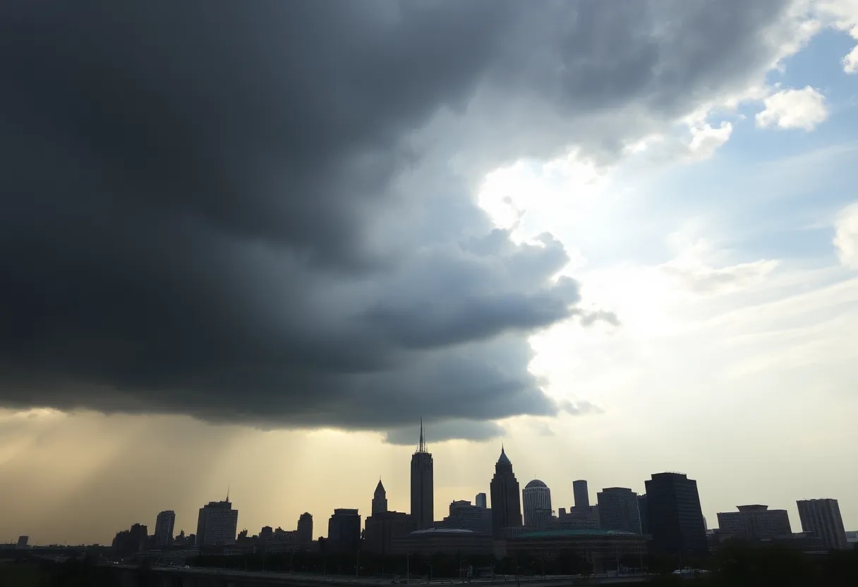 Cleveland skyline with storm clouds gathering overhead