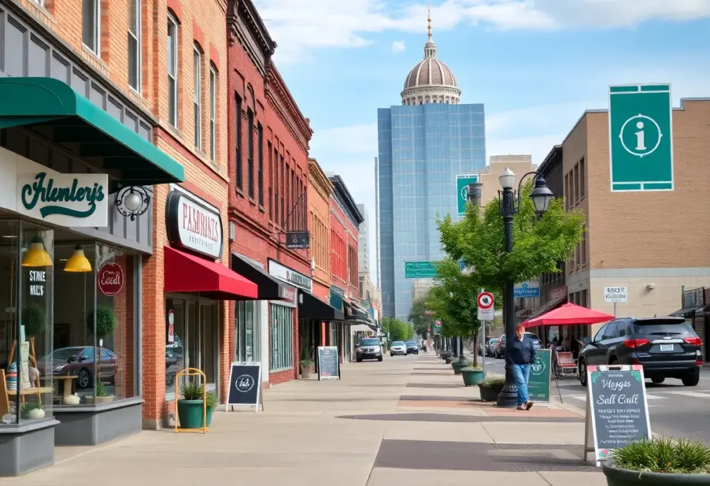 A revitalized commercial corridor in Cleveland with small businesses and community activity.