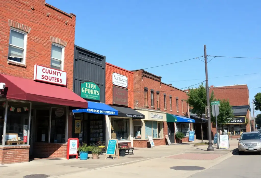 Renovated storefronts in Cleveland's Southeast Side with people walking and enjoying the area.