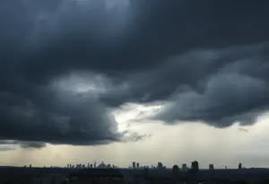 Cloudy sky over Cleveland signifying impending thunderstorms