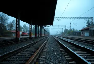 An empty railway track with gravel bed in Cleveland, representing a tragic train collision scene.