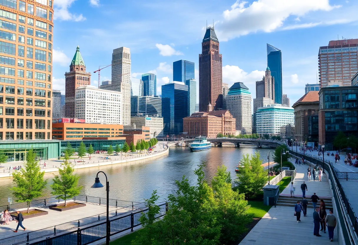 A view of Cleveland's urban core with new developments and recreational areas.