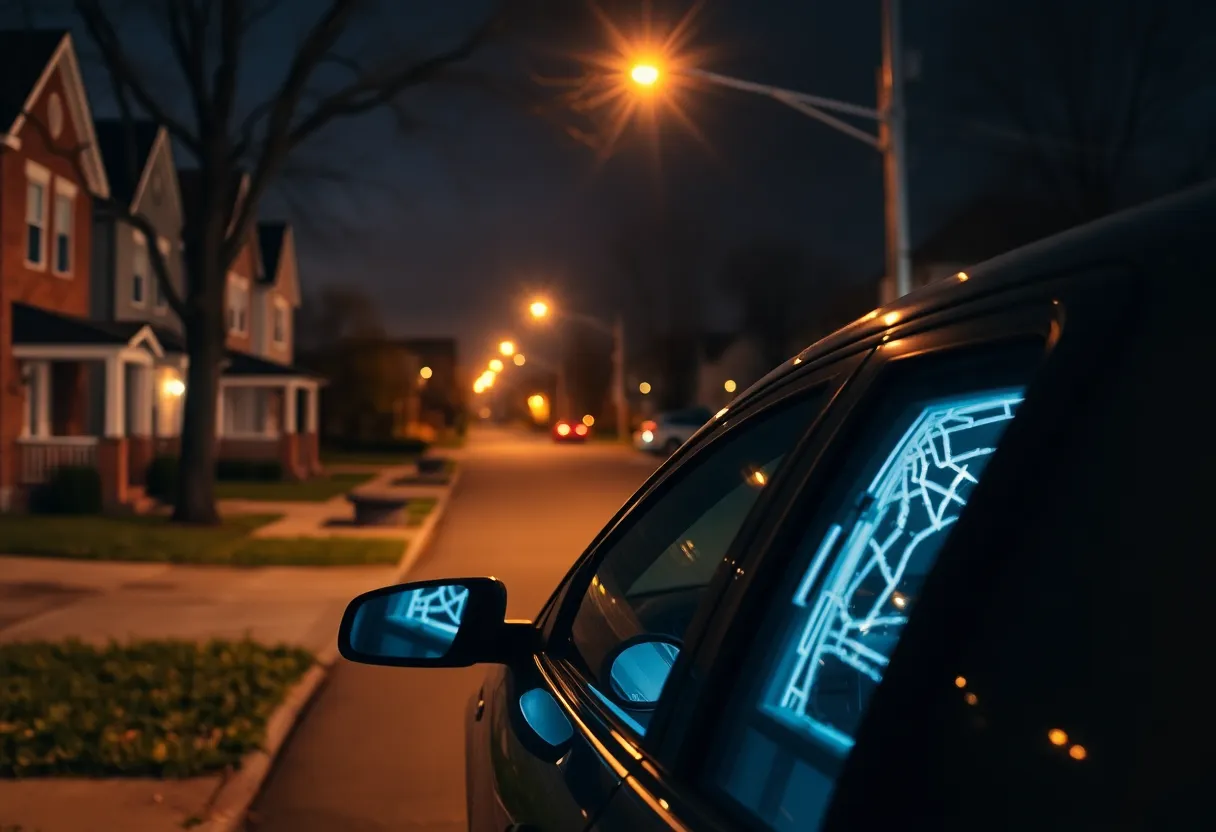 A parked car with a shattered window in a Cleveland neighborhood