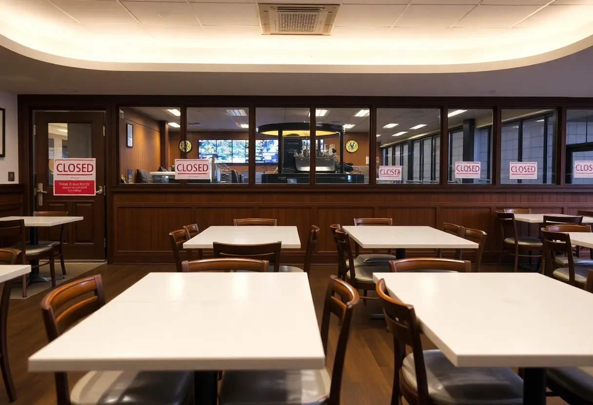 Interior of a closed restaurant in Northeast Ohio with empty tables