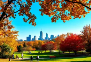 A warm day in a Columbus park with autumn colors.
