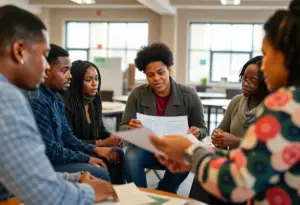 Group of community members discussing plans for economic mobility