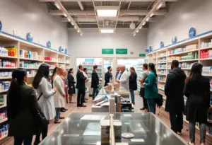 Interior of a community pharmacy with staff helping customers