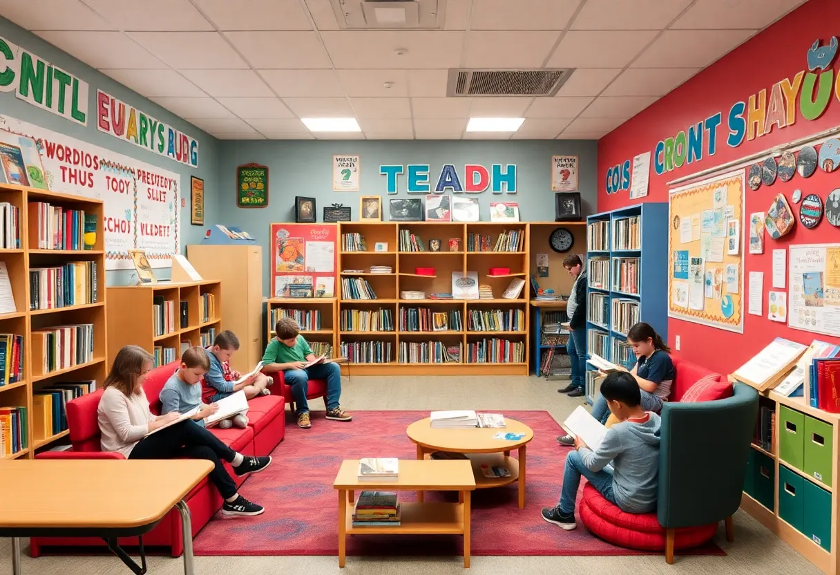 Students enjoying reading in a cozy classroom corner.