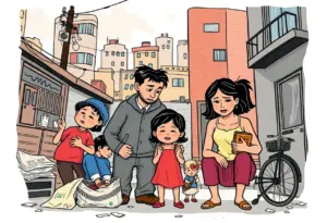 Illustration of a family facing financial difficulties in Cuyahoga County.