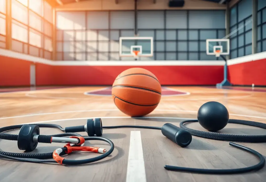 Basketball court focused on training equipment and a basketball, symbolizing practice and recovery.